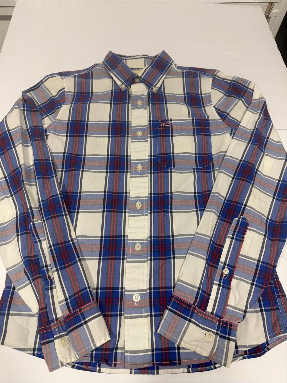 Hollister Men's White Plaid Button-Down Shirt with Blue and Red Stripes